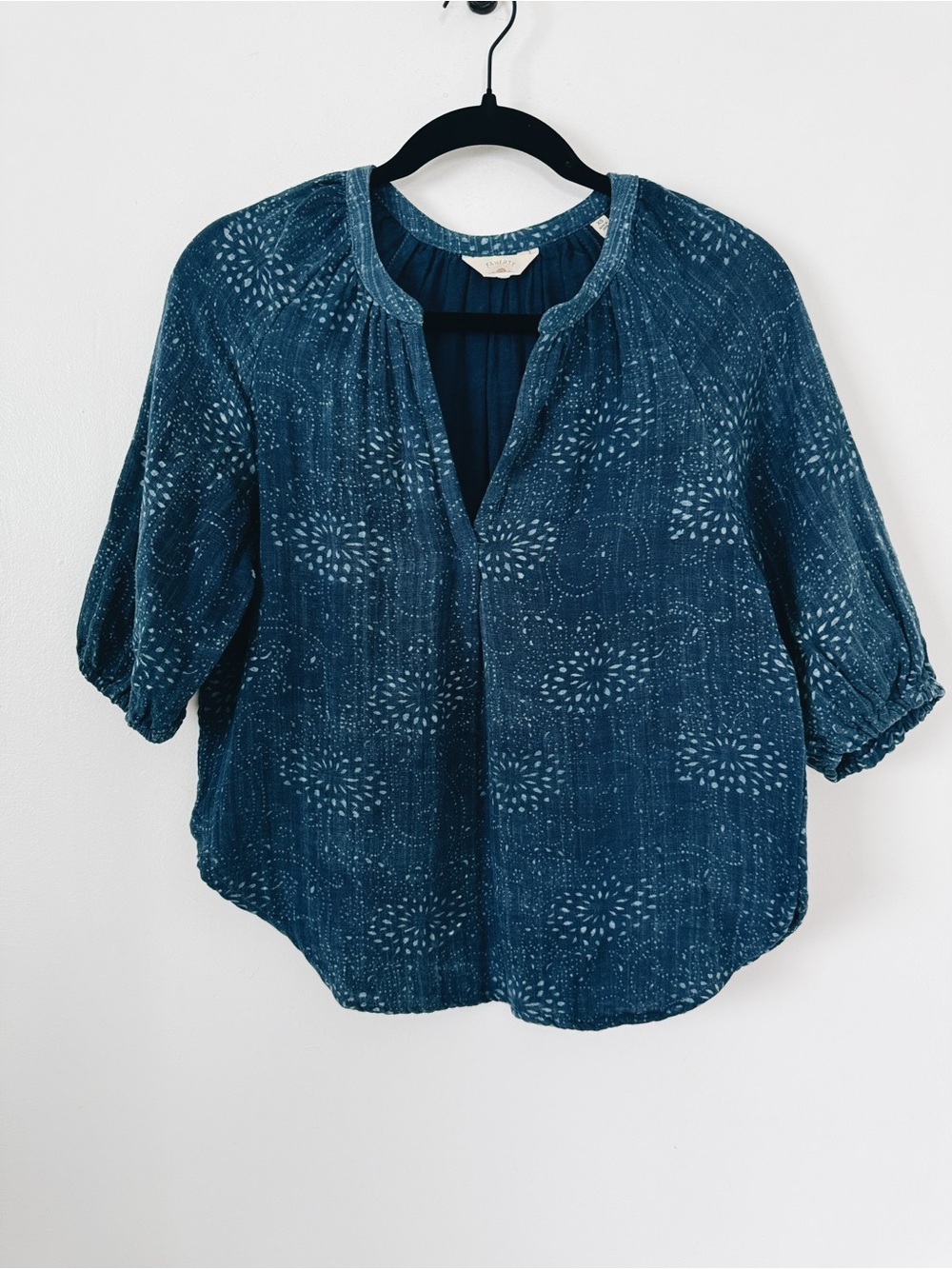 Faherty Seacliff Blouse Indigo Isle Print Organic Cotton Peasant Top Size XS